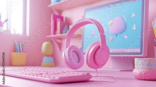 Pink headphones and keyboard on a pastel pink desk next to a computer.