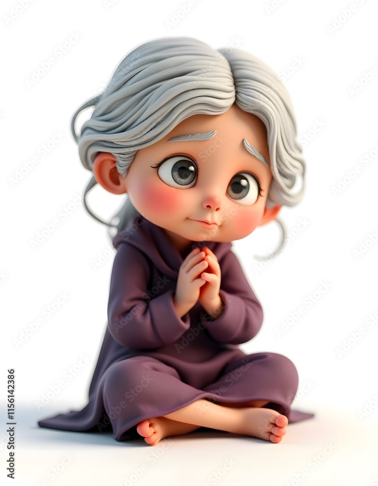 Adorable 3D Rendered Girl Gray Hair Purple Robe Praying Adorable 3D Rendered Girl Gray Hair Purple Robe Praying