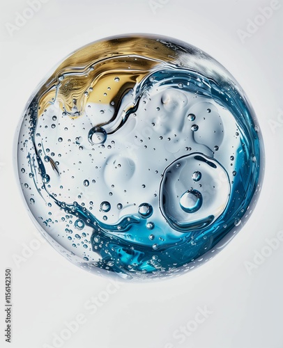Transparent sphere with blue and gold liquid swirling inside, creating bubbles and a dynamic fluid motion, resembling a miniature world or a scientific experiment