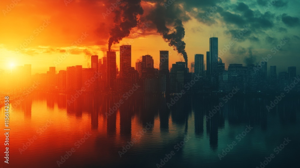 Fototapeta premium Urban Pollution Impact in Harbor at Sunset