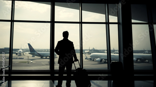 A silhouette of an individual standing in the airport with their luggage, looking out at planes taking off through large windows