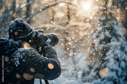 Photographer capturing a snowy winter scene with a camera on a tripod, surrounded by sparkling snowflakes and golden sunlight filtering through the trees