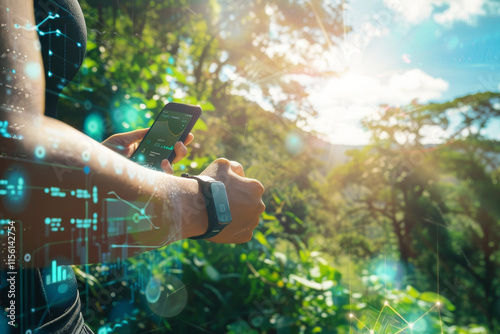 Person using a fitness tracker and smartphone outdoors in a lush green environment, analyzing health data with digital interface overlays and sunlight filtering through the trees