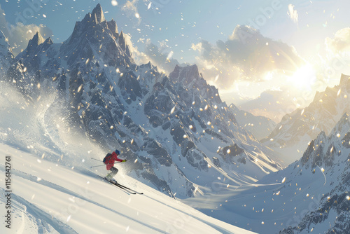 Skier descending a snowy slope in a majestic mountain range, surrounded by sparkling snowflakes and golden sunlight during a stunning winter day