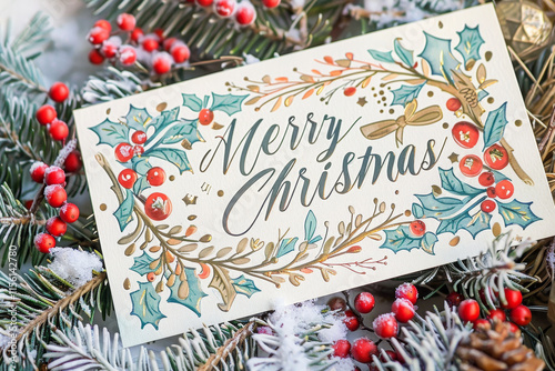 Elegant Christmas card with festive lettering, holly leaves, red berries, and gold accents surrounded by frosted pine branches and snow-covered decorations
