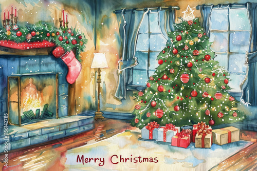 Cozy Christmas living room with a decorated tree, glowing fireplace, stockings, garlands, and wrapped gifts, creating a festive and warm holiday atmospher