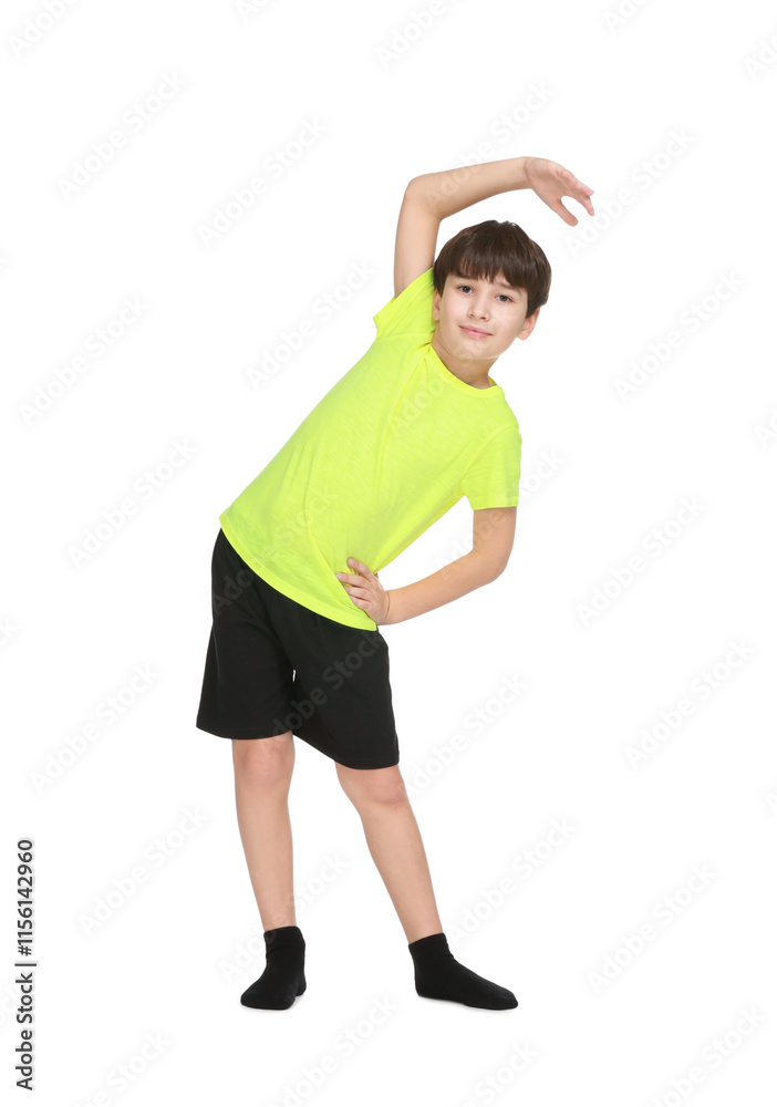 Boy doing exercise on white background. Sport activity Boy doing exercise on white background. Sport activity