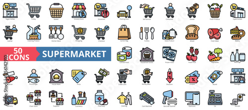 Supermarket icon collection set. Containing trolley, basket, grocery store, grocerant, parking area, self service, consumer icon. Simple flat outline vector illustration