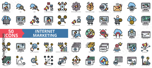 Internet marketing icon collection set. Containing seo, sem, content, influencer, campaign, social media, automation icon. Simple flat outline vector illustration