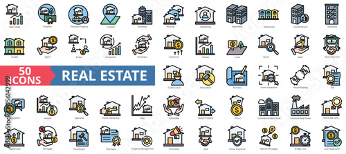Real estate icon collection set. Containing property, personal, location, buildings, housing, residential, apartment icon. Simple flat outline vector illustration
