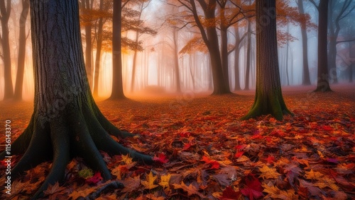 Vibrant high dynamic range HDR photography of serene autumn landscapes, capturing the ephemeral beauty of fallen leaves strewn across the forest floor, surrounded by misty morning