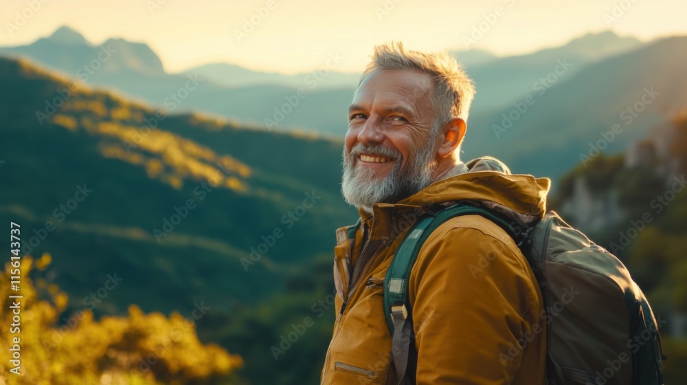 Smiling Senior Hiker at Sunset Mountaintop Panorama: A Journey of Joy and Exploration Smiling Senior Hiker at Sunset Mountaintop Panorama: A Journey of Joy and Exploration