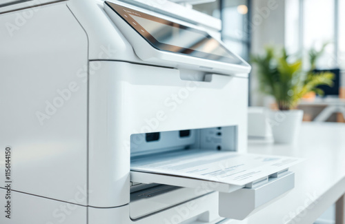 Modern white multifunction printer prints documents in bright office. Tech equipment works in organized workspace. Digital printing process shows efficiency in corporate environment. Paper workflow photo