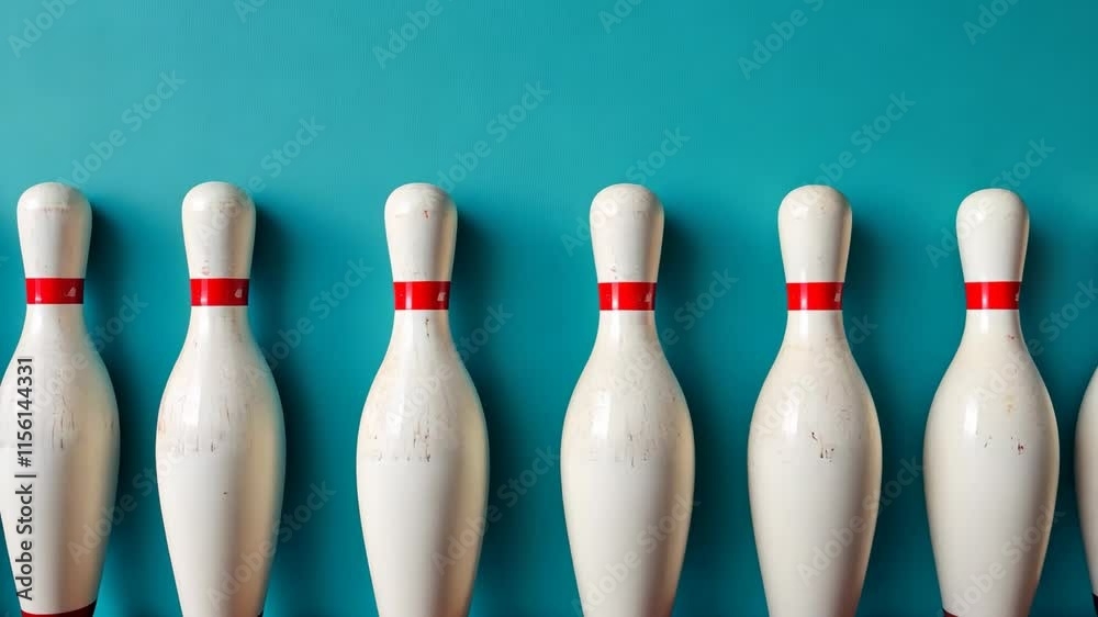 Bowling pins arranged neatly against a vibrant blue wall in a recreational center Bowling pins arranged neatly against a vibrant blue wall in a recreational center