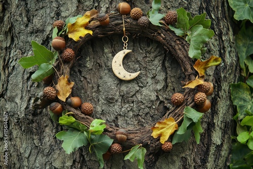 Moon amulet, acorns, and oak leaves arranged in a natural wreath on a tree trunk, symbolizing the magic forest harvest and spiritual rituals from witchcraft or druid practices