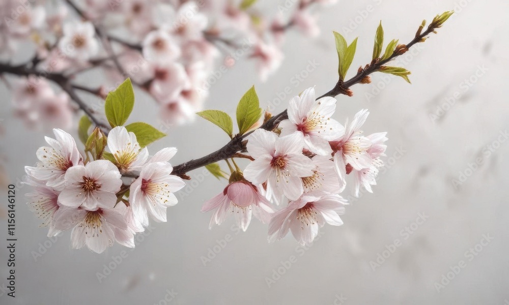 Delicate cherry blossom branches against a soft white background with gentle morning dew, flowers, winter Delicate cherry blossom branches against a soft white background with gentle morning dew, flowers, winter