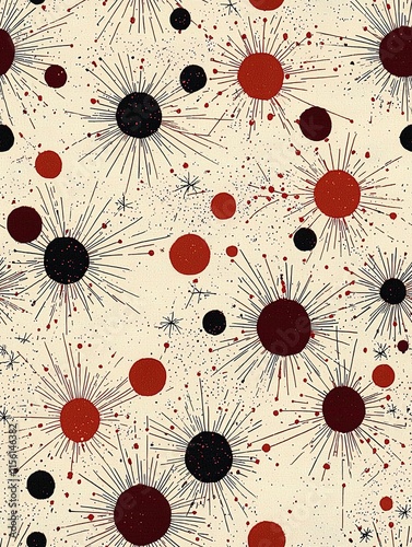 Mid-century modern constellation pattern, atomic dots, 1950s graphic design, vintage burgundy and cream, star motifs photo