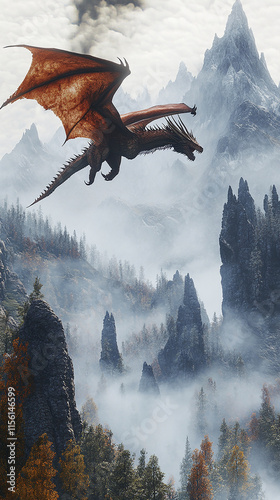 A dragon soaring over a misty mountain range
