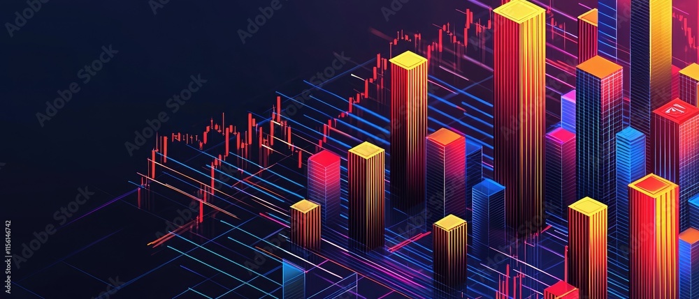 Fototapeta premium Abstract 3D cityscape with dynamic stock market chart.