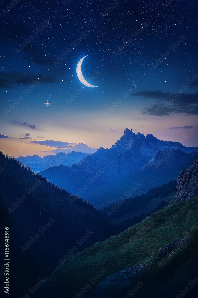 A glowing crescent moon and twinkling stars above a peaceful mountain range, symbolizing tranquility and spiritual connection A glowing crescent moon and twinkling stars above a peaceful mountain range, symbolizing tranquility and spiritual connection