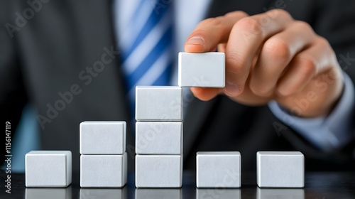 A well dressed business man stacking white bricks in towers. Strategist, success and developing concept.  photo