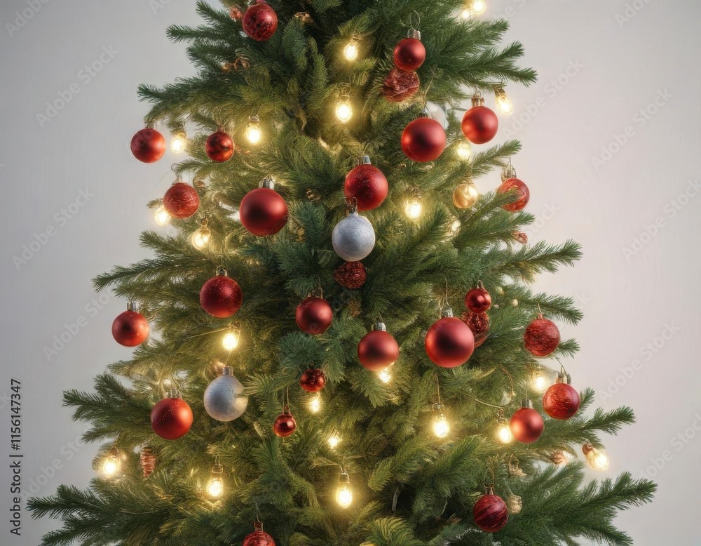 evergreen fir tree with ornaments and lights on white background , snowy scene, festive colors evergreen fir tree with ornaments and lights on white background , snowy scene, festive colors