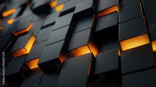 Conceptual image depicting stacked geometric blocks with glowing orange light emitting from beneath certain layers, presenting a pattern of alternating highlights and shadows good for tech concept.
