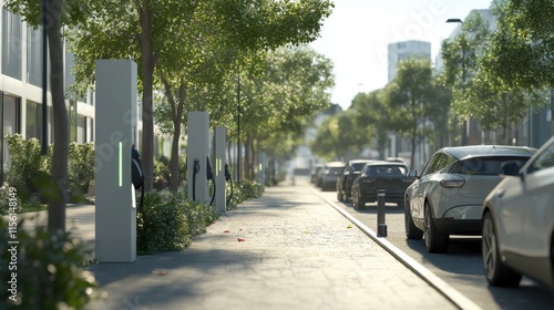 Modern City Street with Electric Vehicle Charging Stations and Lush Greenery: A Vision of Sustainable Urban Transportation