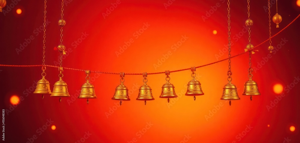 Naklejka premium Traditional Indian hanging toran with golden bells hangs on gradient backdrop. Saffron to maroon color transition creates festive atmosphere. Copy space available for design elements. Suitable for