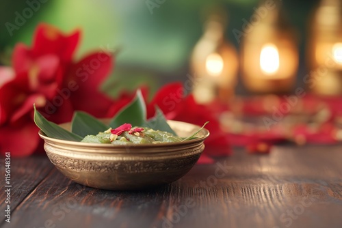 Traditional Indian sweet dish in a brass bowl with flowers. Festive food for celebrating Navratri, Onam, Pongal, Janmashtami, Ganesh Chaturthi, Dussehra, Diwali photo