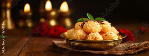 Laddu sweets in bowl with candles and flowers. Traditional Indian food for celebrating Navratri, Onam, Pongal, Janmashtami, Ganesh Chaturthi, Dussehra, Diwali, Ugadi photo