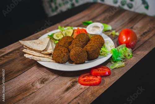 Falafel Platter with Pita Bread, Pickles, Vegetables, and Tahini Sauce