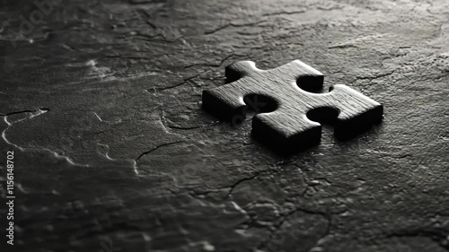 Black puzzle piece resting on a textured surface with dramatic lighting effects and shadows near the evening