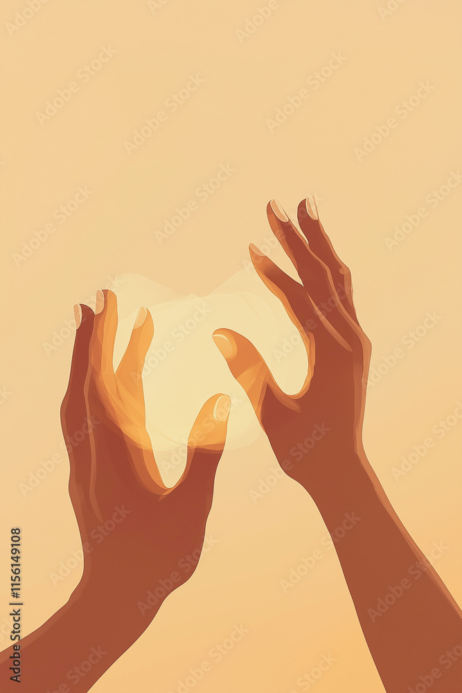 A minimalist illustration of hands in prayer with a soft, glowing light behind them, set against a peaceful background A minimalist illustration of hands in prayer with a soft, glowing light behind them, set against a peaceful background