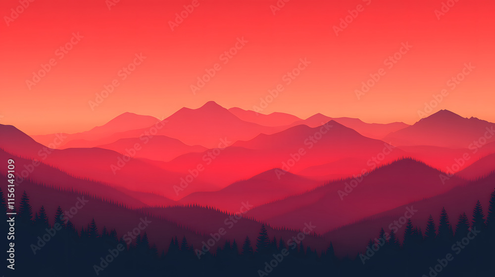 Crimson Sunset Over Silhouetted Mountain Ranges Crimson Sunset Over Silhouetted Mountain Ranges