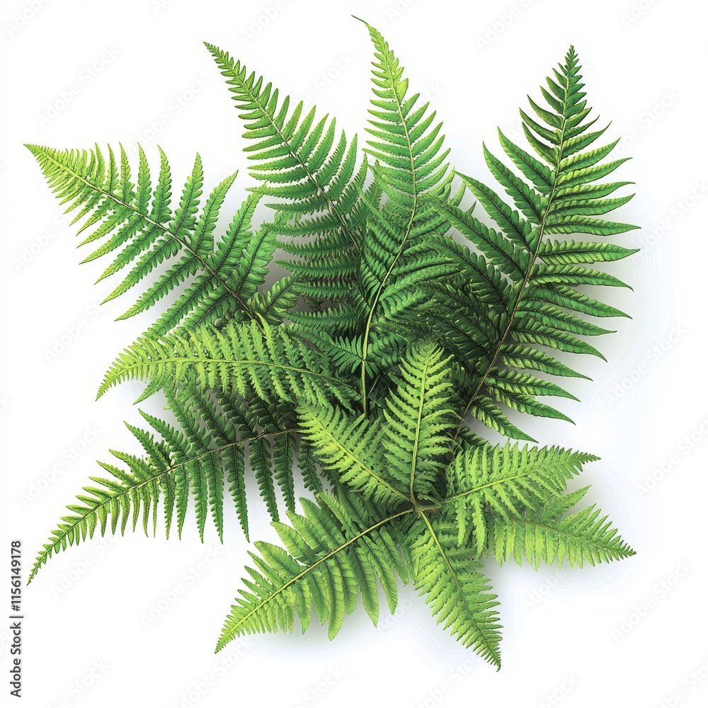 Lush green fern fronds arranged in a cluster against a white background. Lush green fern fronds arranged in a cluster against a white background.