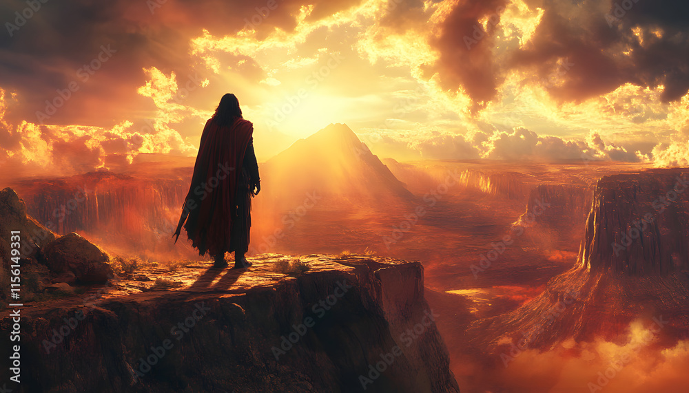 A lone figure stands on a cliff overlooking a fiery landscape A lone figure stands on a cliff overlooking a fiery landscape