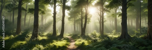 Lush green forest landscape with sunlight filtering through trees,  wilderness,  greenery