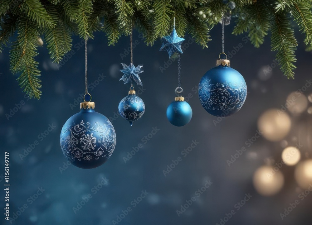 Ornament elements hanging from blue Christmas background, festive, hanger Ornament elements hanging from blue Christmas background, festive, hanger