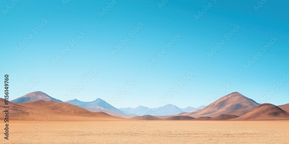 Fototapeta premium A desert landscape with mountains in the background. The sky is clear and blue. The scene is peaceful and serene