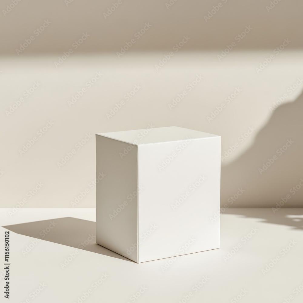 White cube on beige background with sunlight shadow. White cube on beige background with sunlight shadow.