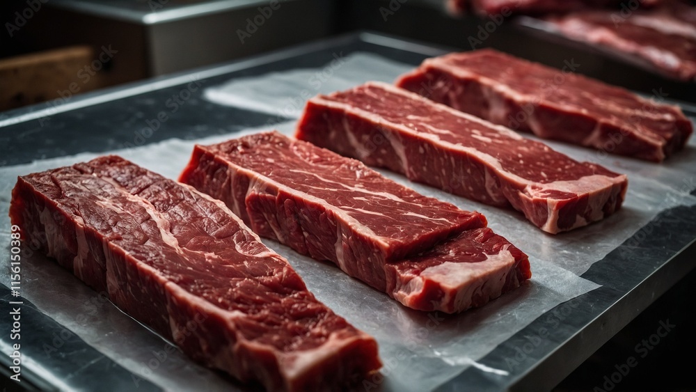 Fototapeta premium Professional Raw Meat Cuts on Stainless Steel Preparation Surface