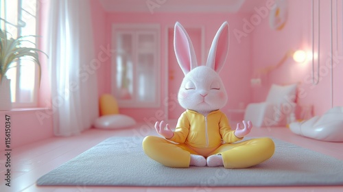 Cute cartoon rabbit character meditating in a pastel pink room with modern decor, illustrating relaxation, mindfulness, and serene lifestyle concepts