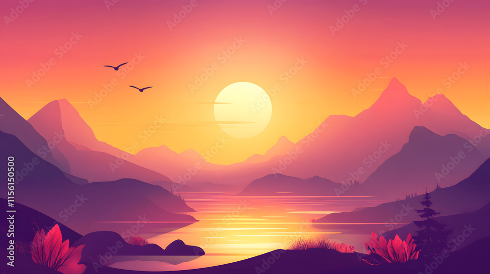 Naklejka premium Serene Sunset Over Mountain Lake Landscape
