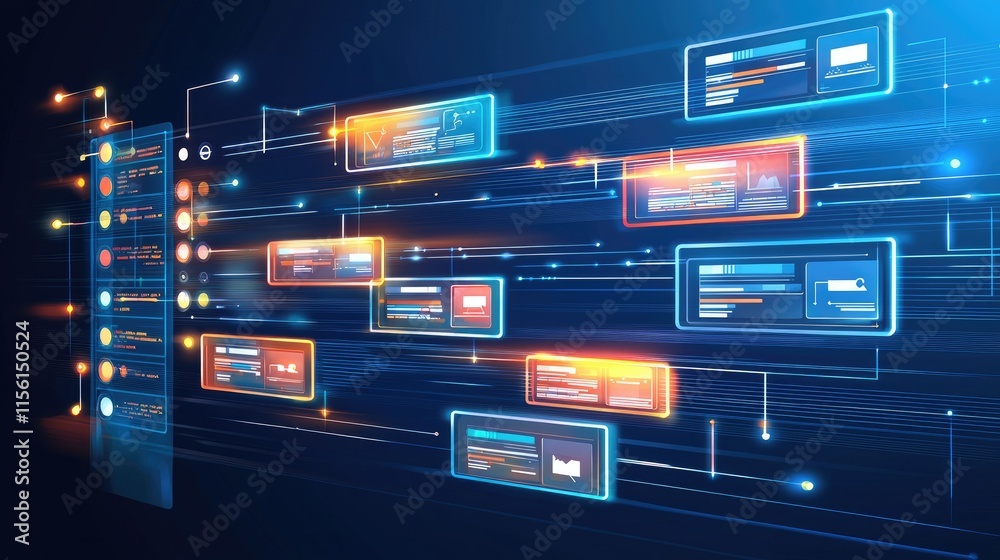 Fototapeta premium Abstract digital network interface with glowing data boxes and lines.