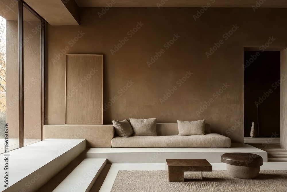 Fototapeta premium Minimalist living room with beige sofa, large window, and earthy tones.