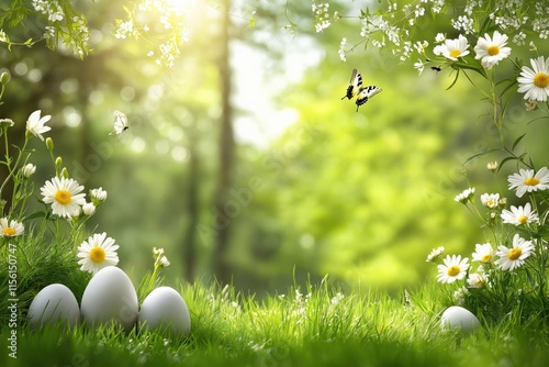 A tranquil Easter scene with white eggs nestled in lush green grass surrounded by daisies and illuminated by sunlight, symbolizing spring and renewal during the Easter celebration. photo