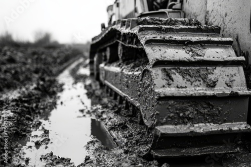 Mud caked bulldozer tracks embedded in a deep, muddy ditch surrounded by slushy terrain photo