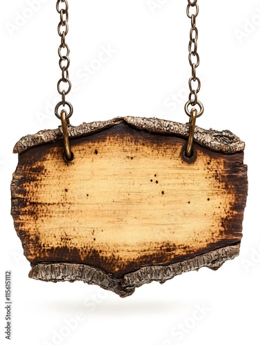 Rustic Wooden Sign with Bark, in Arch Shape, Hanging with Chains, on White Background, Abstract Image for Advertising Campaigns, Creatives, Advertisements. photo