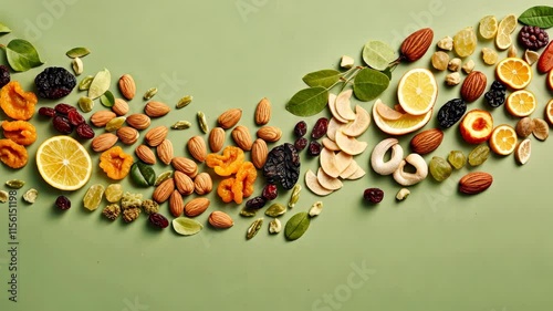 Top view of a row of various dry fruits with berries and nuts on a green background. photo